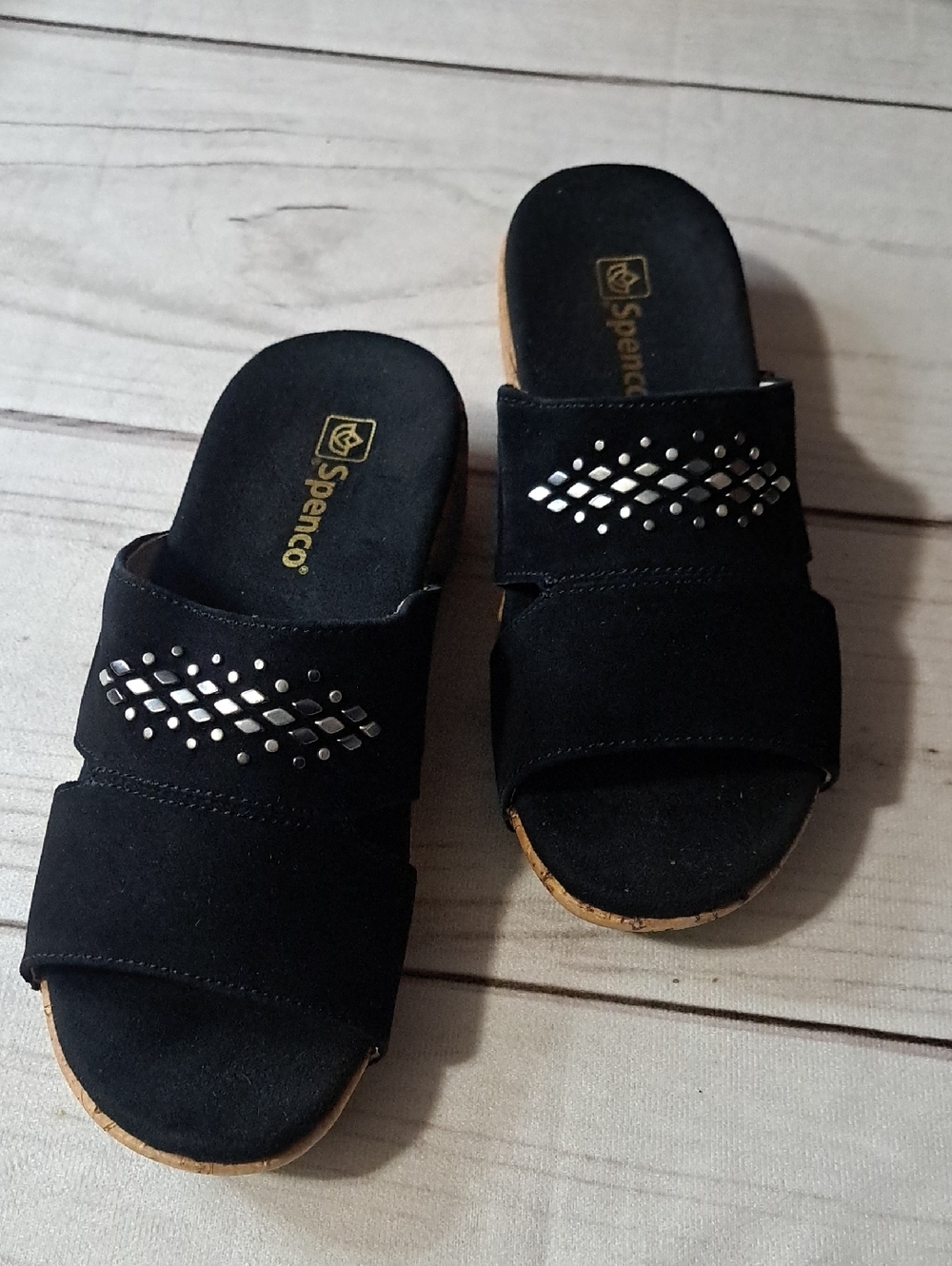 Spenco Black Slide Sandals with Silver Stud Detail Size 5.5 Wide